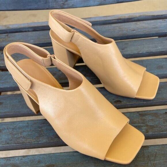 Vince Niara Tan Leather Slingback Block Heel Square Open Toe Sandal Women 9.5M - Picture 3 of 11
